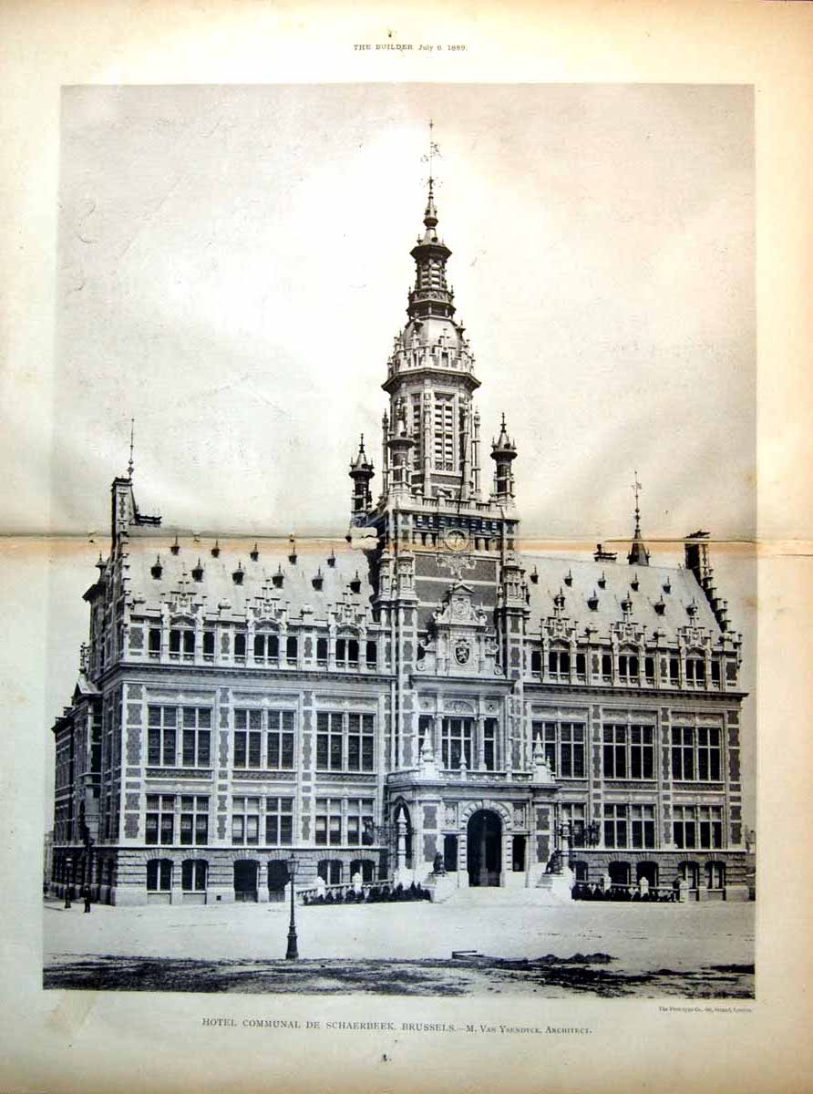 Old Plan Hotel Communal Schaerbeek Brussels Van Ysendyck 1889 Damaged 19th