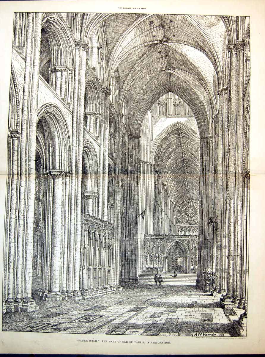 Old Antique Print Pauls Walk Nave St Pauls Restoration H W Brewster 1889 19th