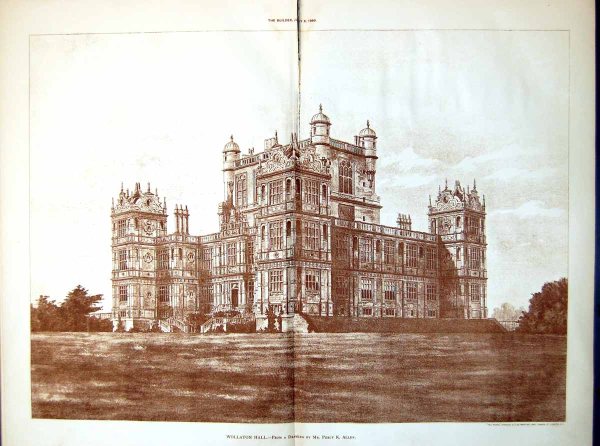Old Print Plan Church Barmouth T Pryce Arch Wollaton Hall 1889 DamagedPages