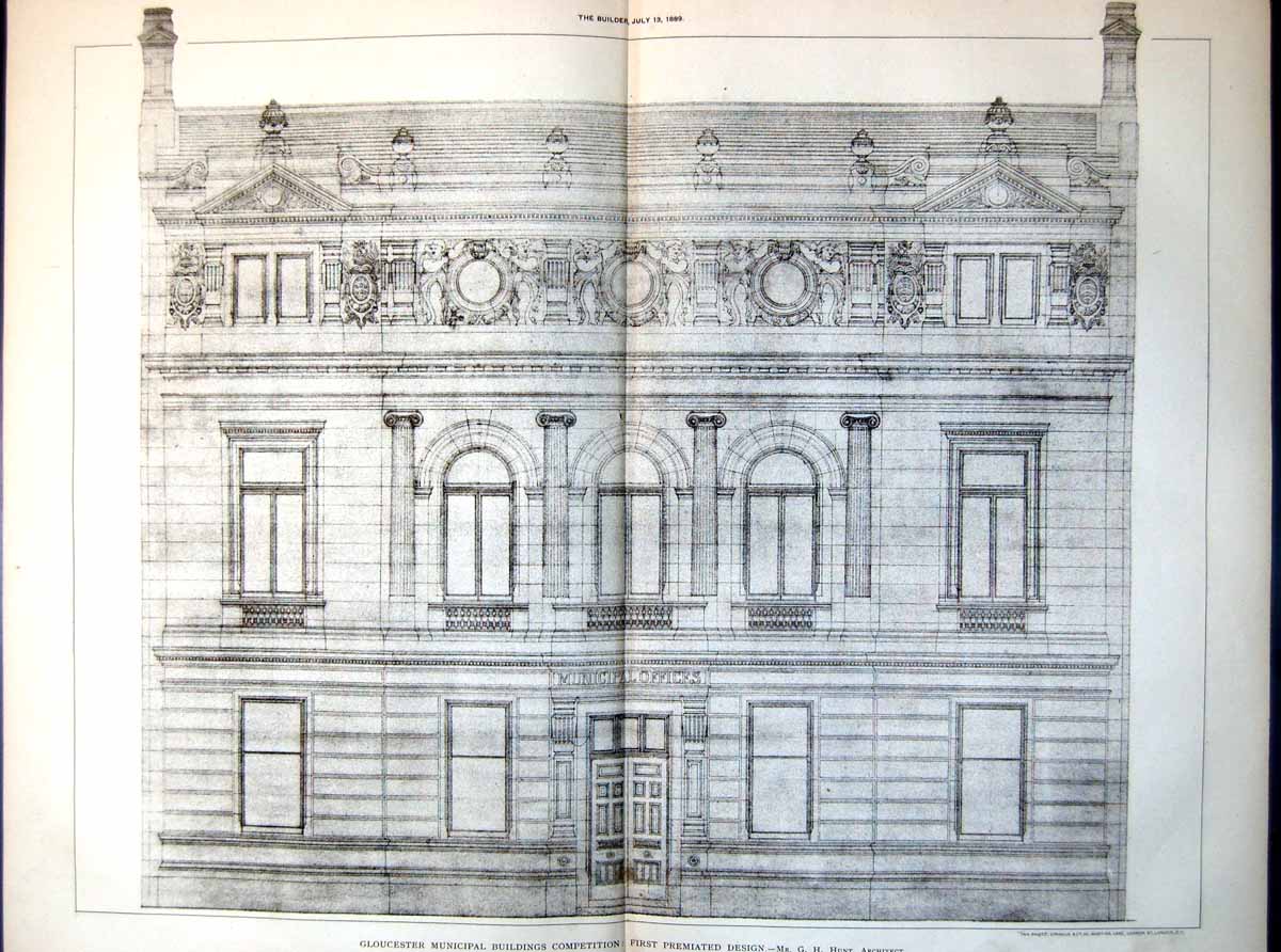 Old Print Plan Gloucester Municipal Buildings G Hunt Arch Elevation Front 1889