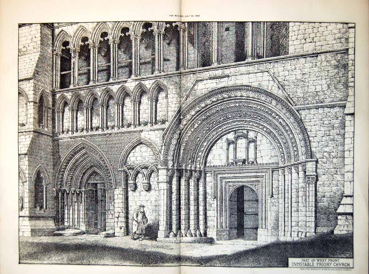 Original Old Antique Print Part West Front Dunstable Priory Church 1889 19th