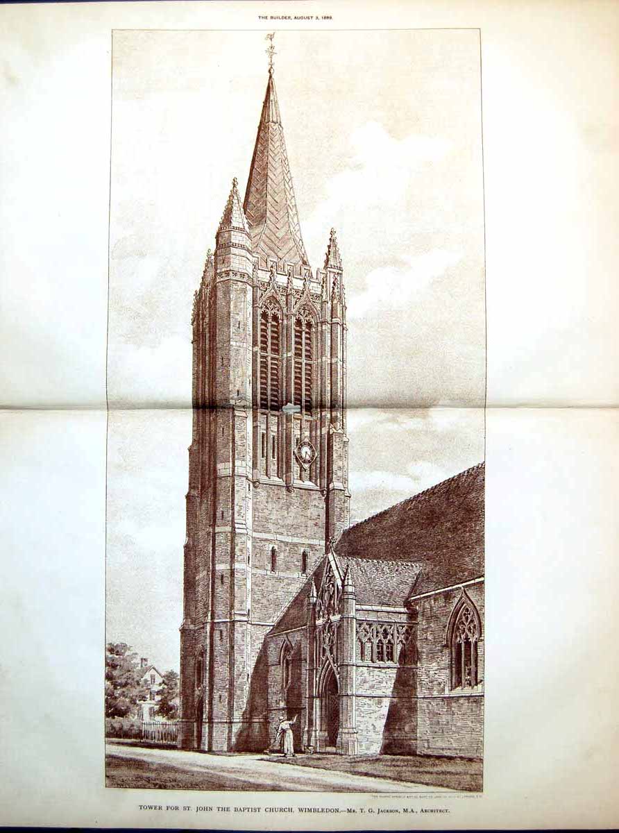 Old Plan Tower St John Baptist Church Wimbledon T Jackson Arch 1889Victorian