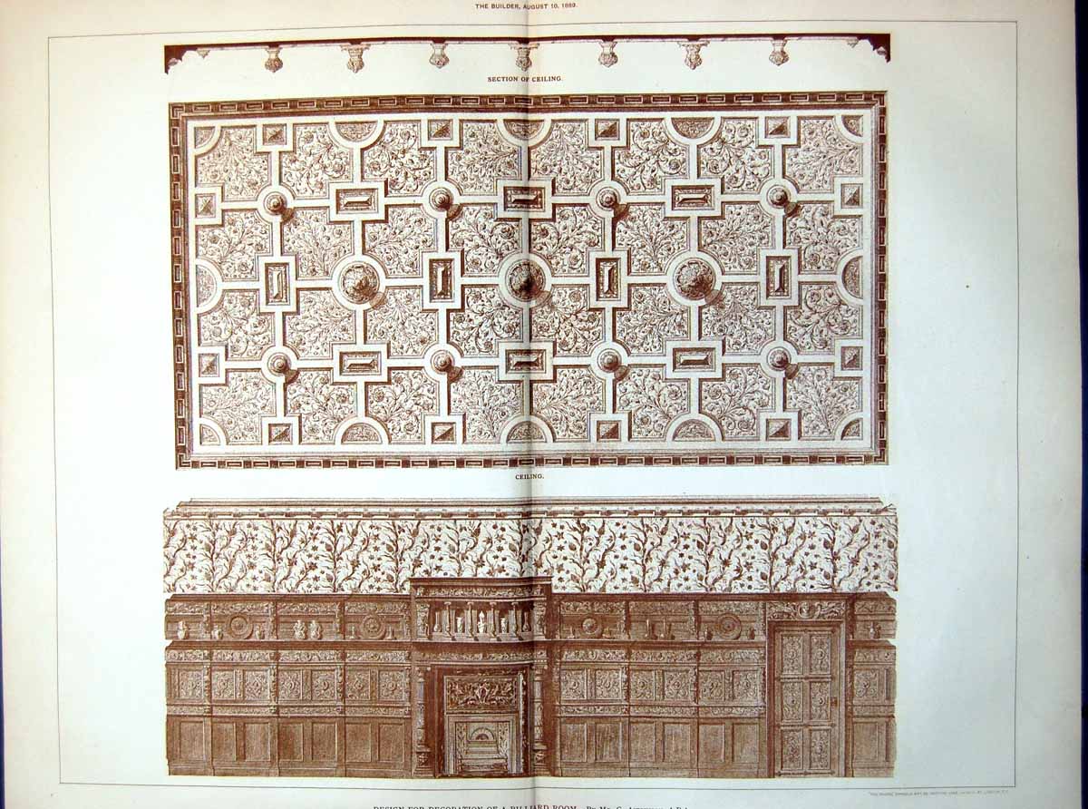 Old Print Plan Design Decoration Billiard Room Ceiling G Aitchison 1889 19th