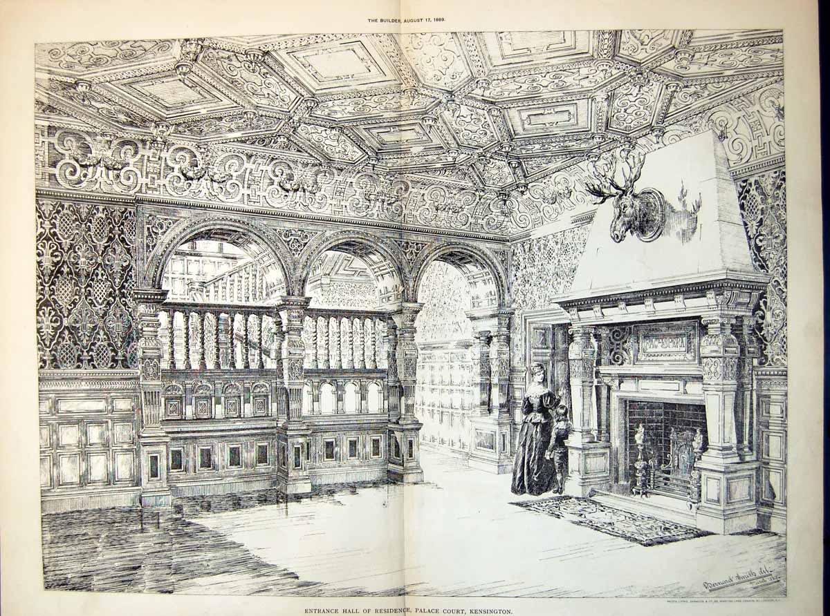 Print Plan Entrance Hall Residence Palace Court Kensington Harvey Smith1889