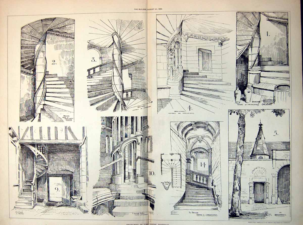 Old Plans Loire District Staircases Chateau Chaumont Chenonceaux 1889 19th