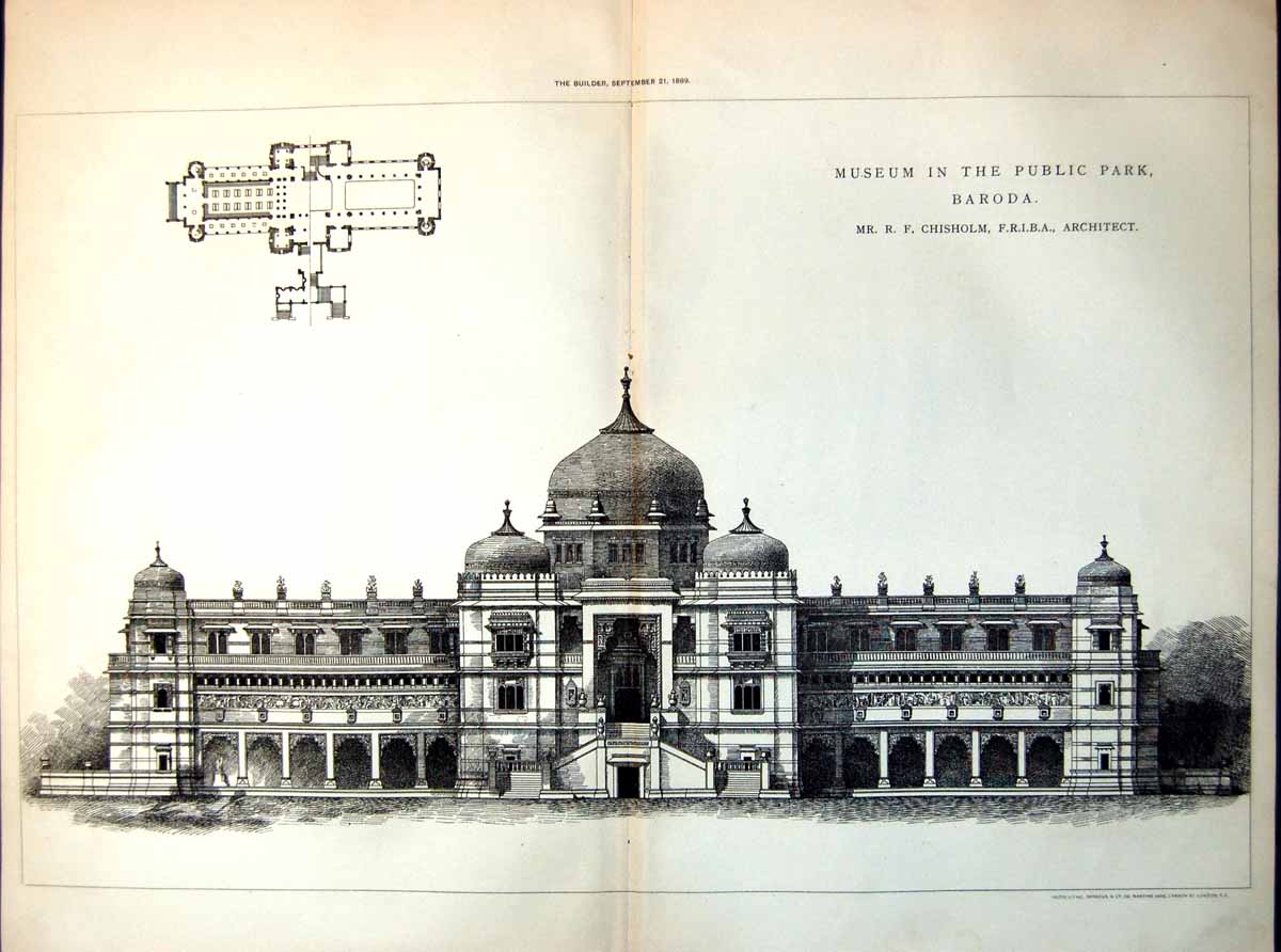 Antique Old Print Plan Museum Public Park Baroda R Chisholm Architect 1889
