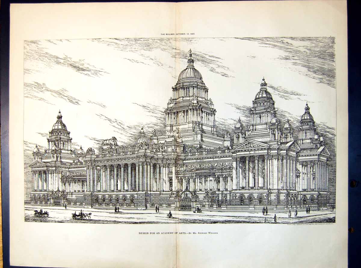Original Old Antique Print Design Plan Academy Arts Richard Willock 1889 19th