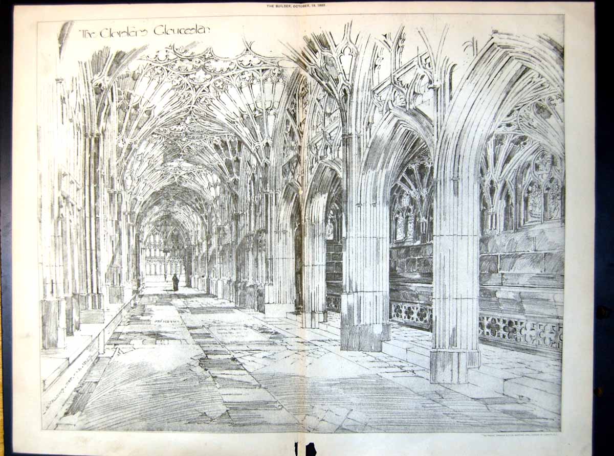 Old Antique Print Plan Cloisters Gloucester Cathedral C E Mallows 1889 19th