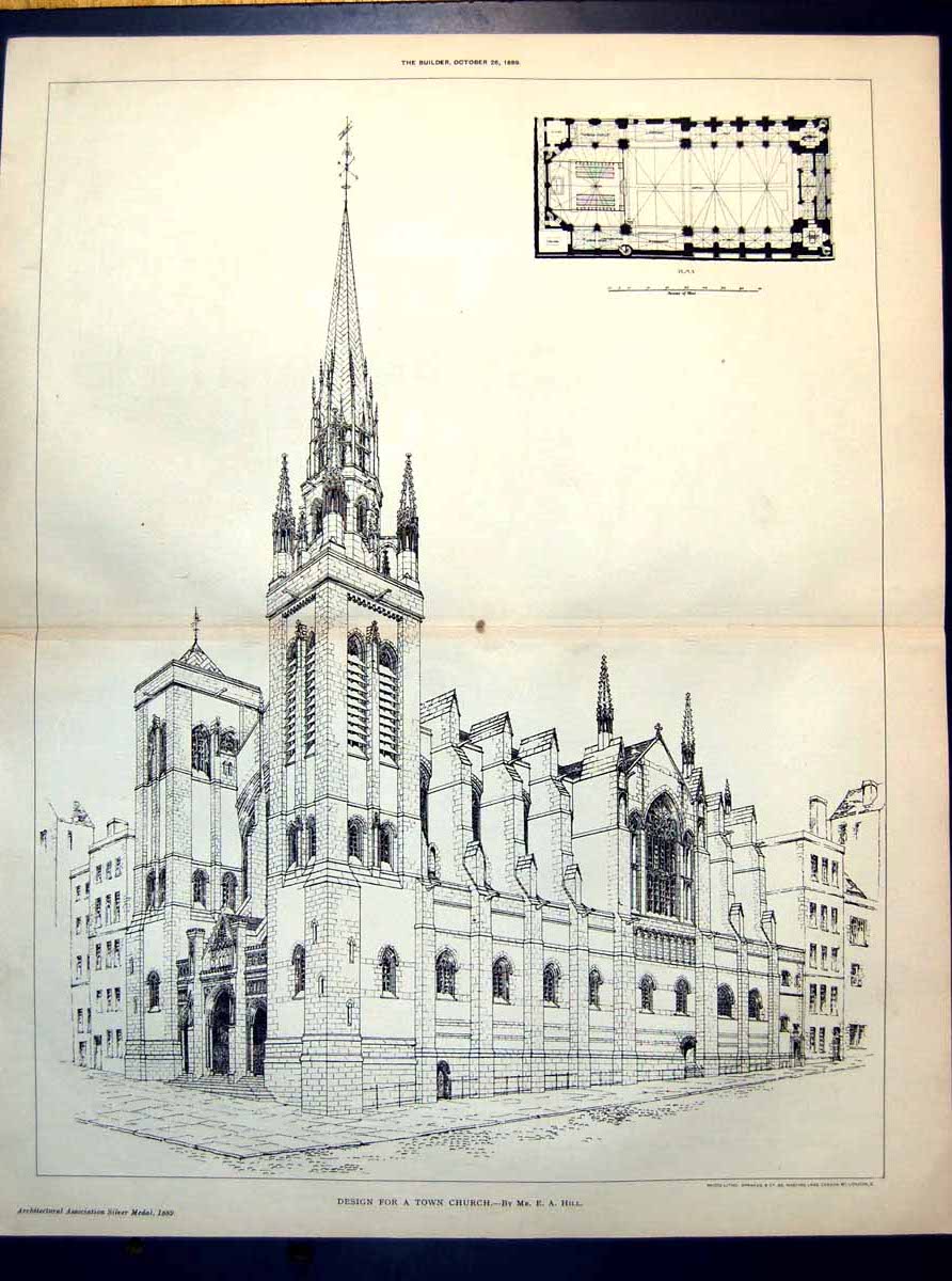 Old Plan Design Town Church E A Hill Architectural Silver Medal 1889Victorian
