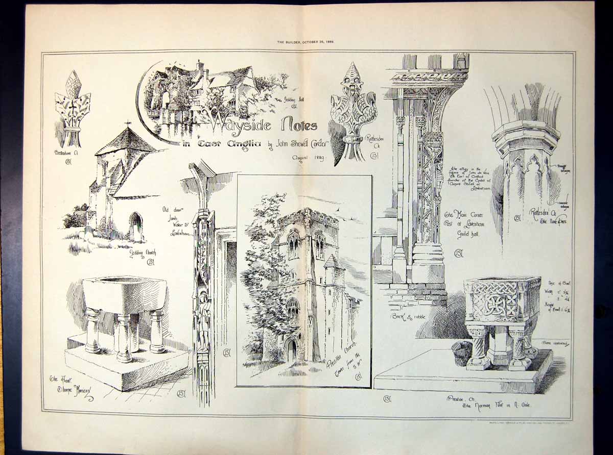 Old Print Plans Wayside East Anglia J Corder Jedding Church Preston Church1889