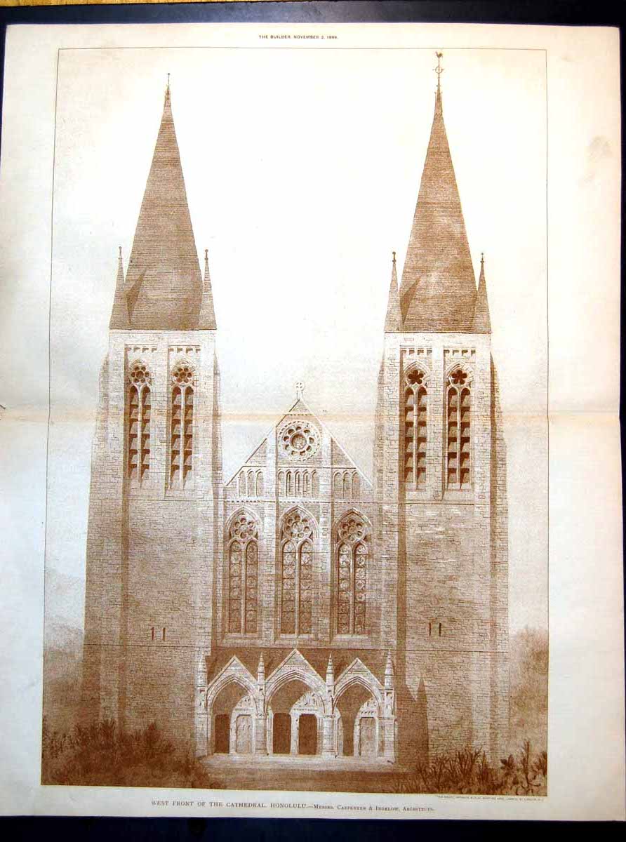 Old Plan West Front Cathedral Honolulu Carpenter & Ingelow Arch 1889Victorian