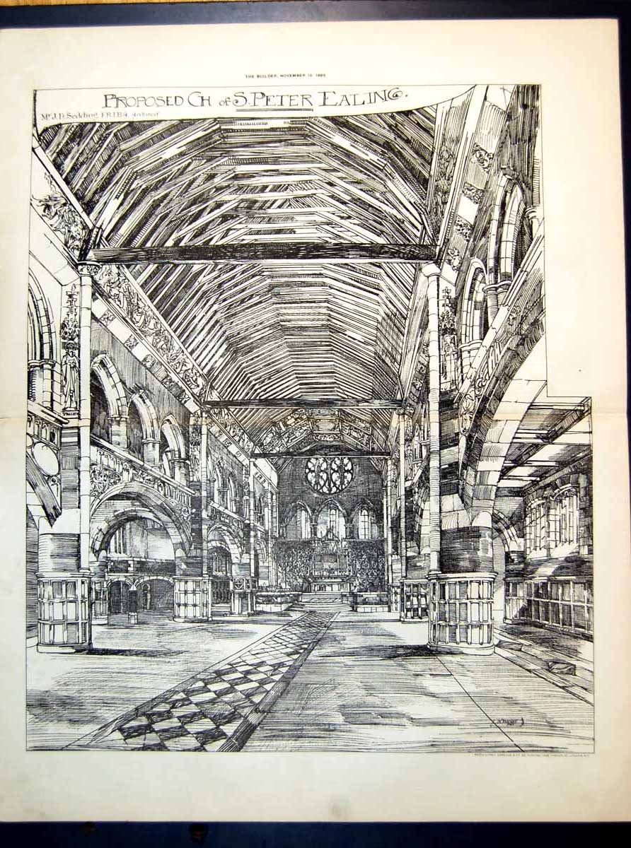 Old Plan Interior Proposed Church St Peter Ealing J D Sedding Arch 1889 19th