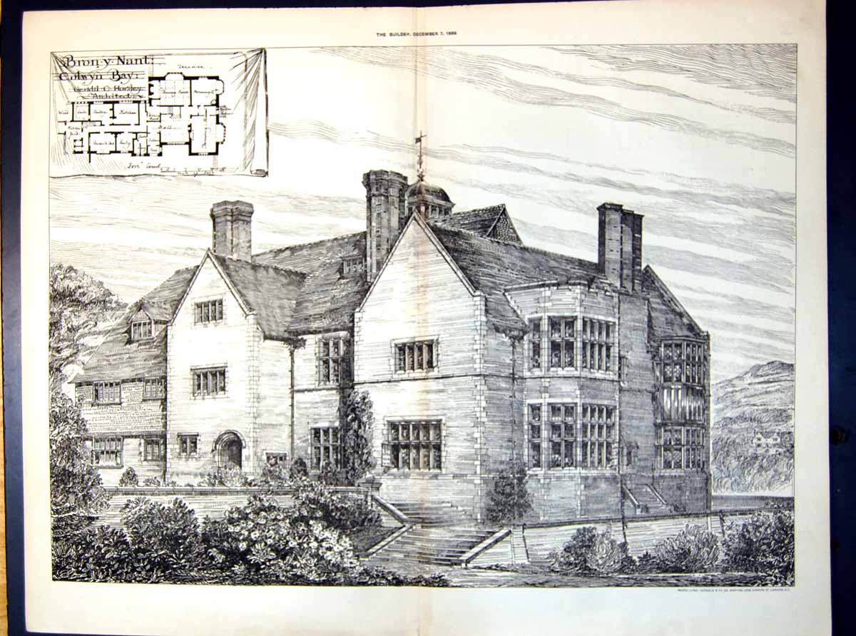 Antique Old Print Plan Bron Y Nant Colwyn Bay Forecourt Gerald Horsley 1889