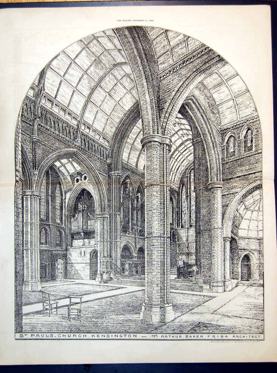 Old Plan Interior St Pauls Church Kensington Arthur Baker Arch 1889Victorian