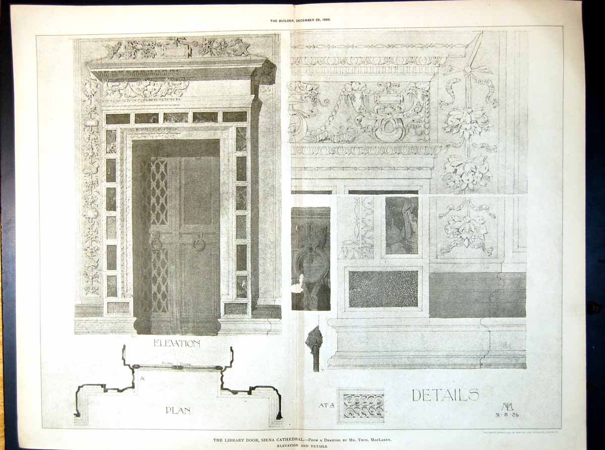 Old Plan Library Door Siena Cathedral Elevation Details T Maclaren 1889 19th