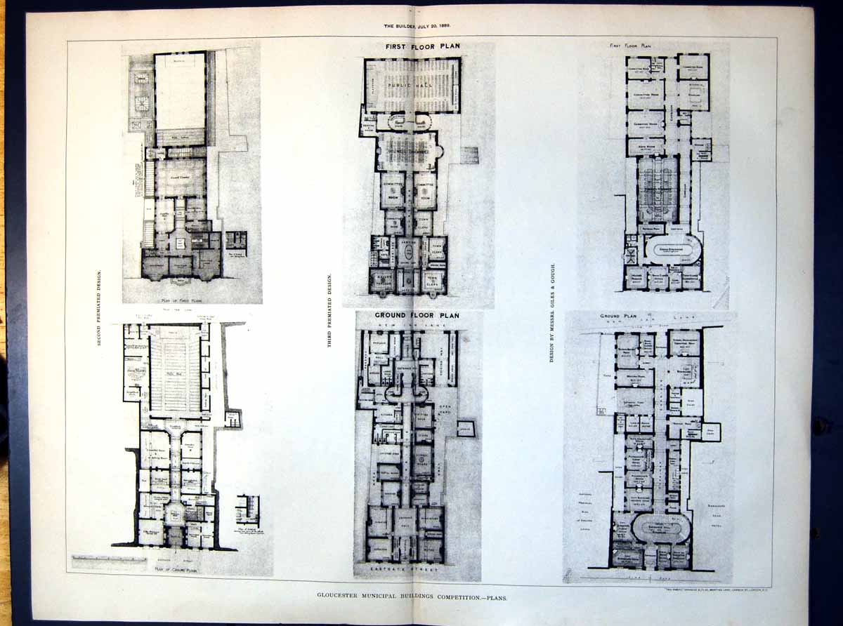 Old Plans Gloucester Municipal Buildings Competition Giles & Gough 1889 19th