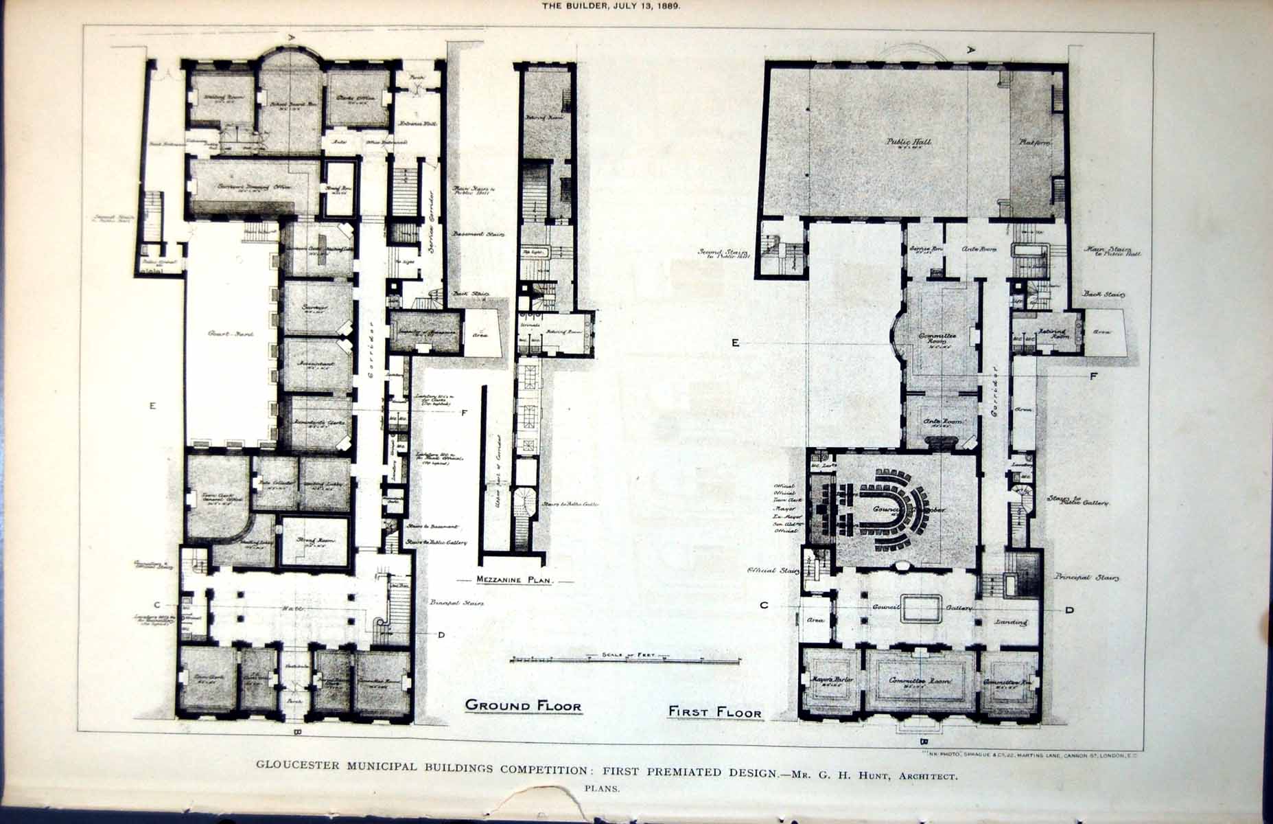 Old Plan Gloucester Municipal Buildings Premiated Design G Hunt Arch1889 19th