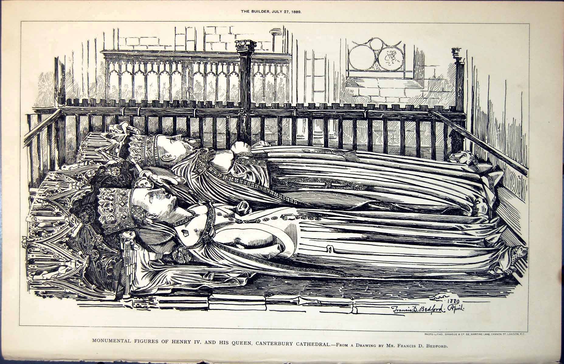 Antique Old Print Monumental Figures Henry 1V Queen Canterbury Cathedral 1889