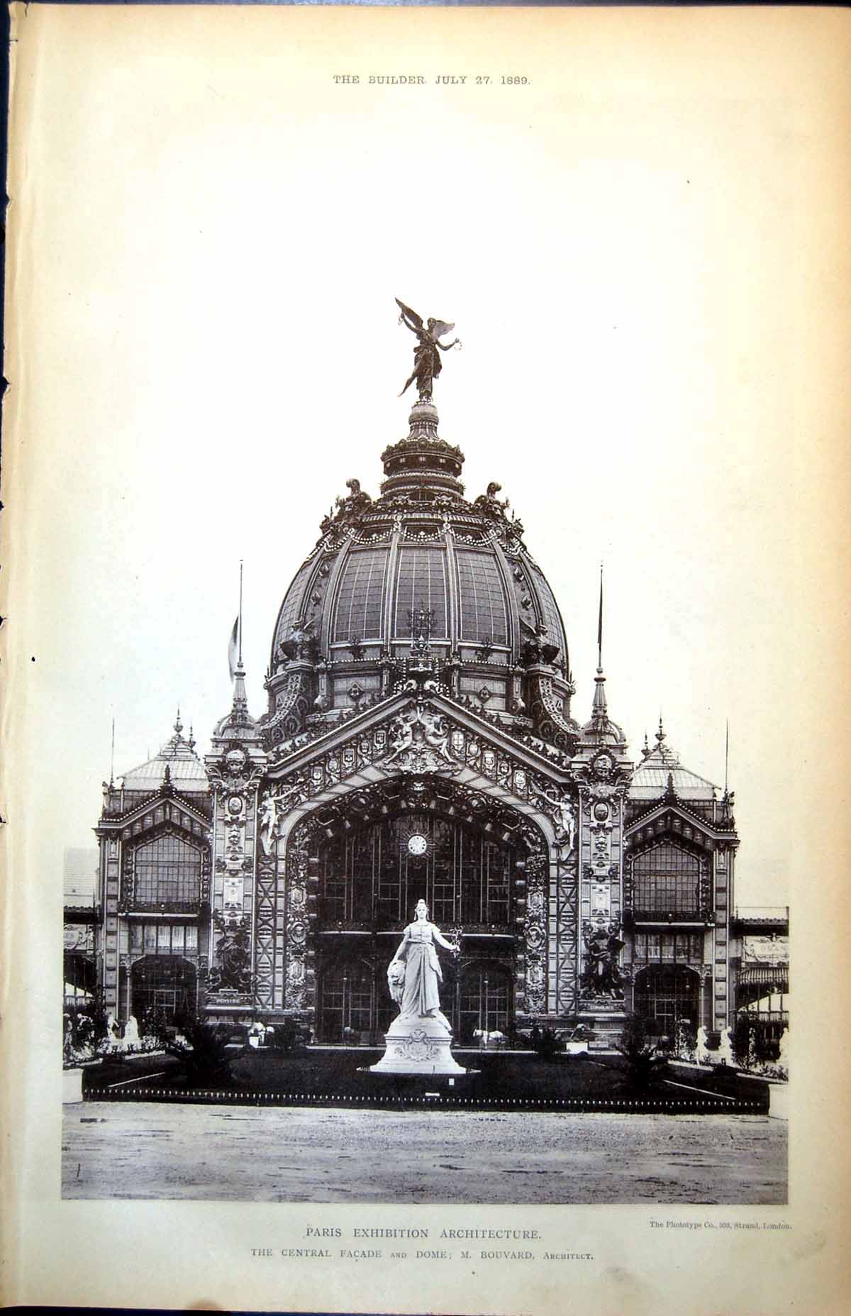 Old Plan Paris Exhibition Architecture Central Facade Dome Bouvard 1889 19th