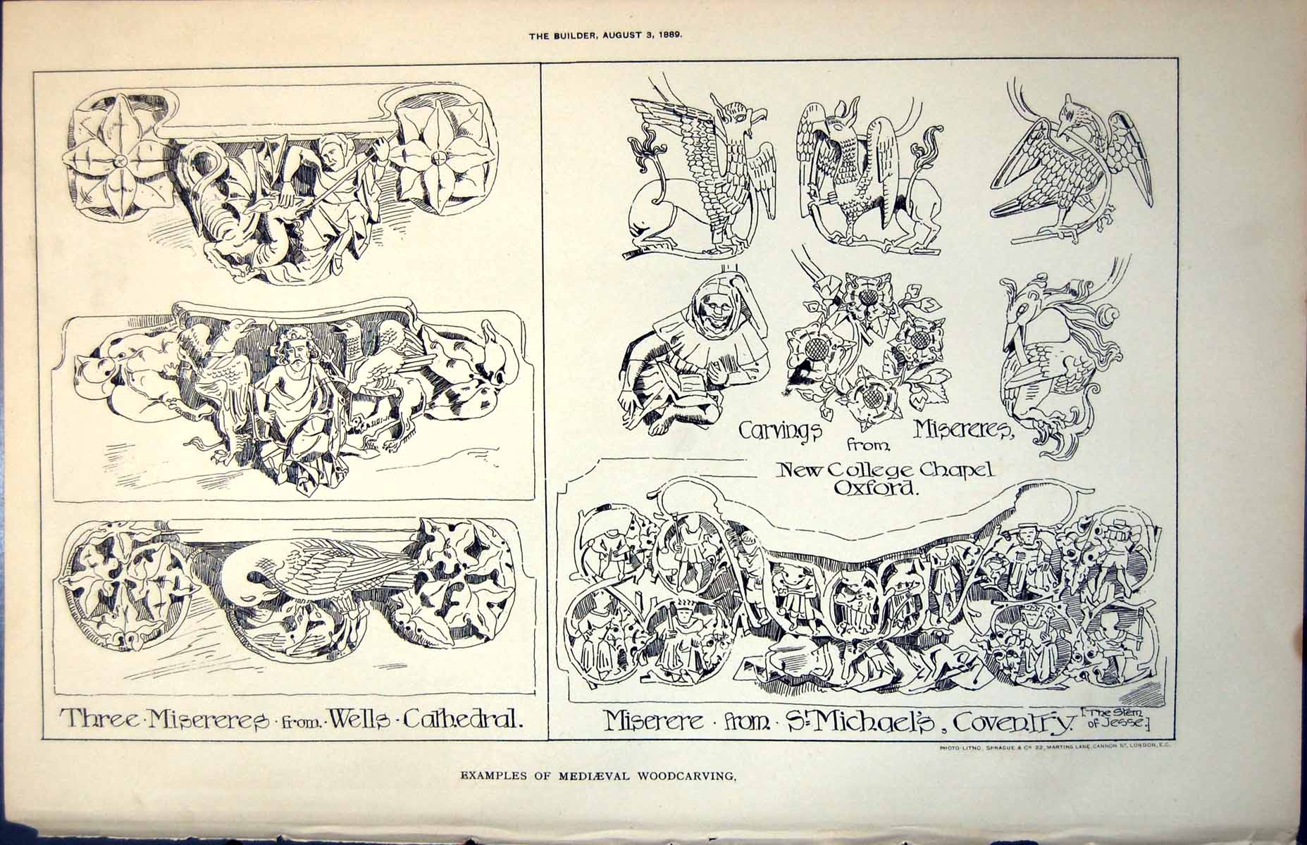 Old Print Medieval Woodcarving Misereres Wells Cathedral St Michaels 1889 19th