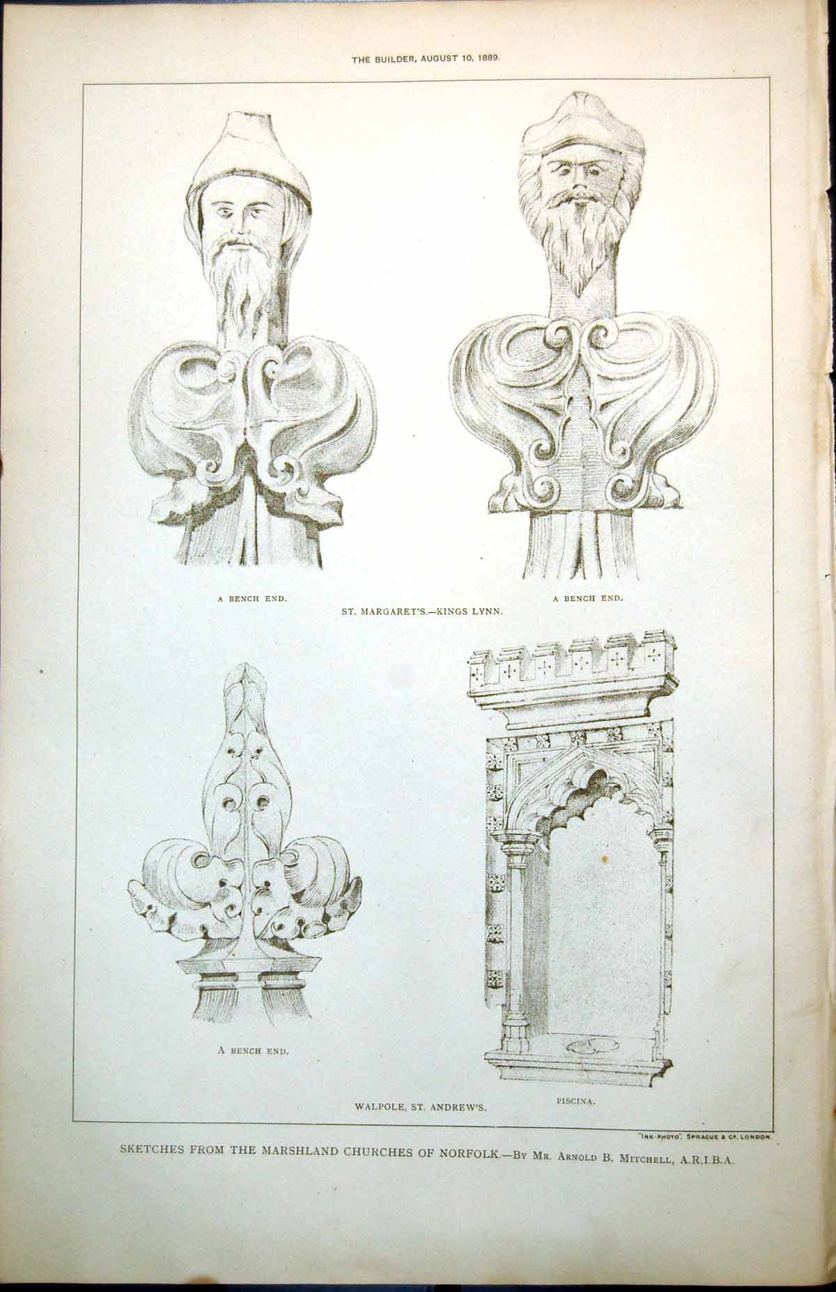 Old Sketch Plan Churches Norfolk St Margarets Kings Lynn Walpole 1889 Victorian