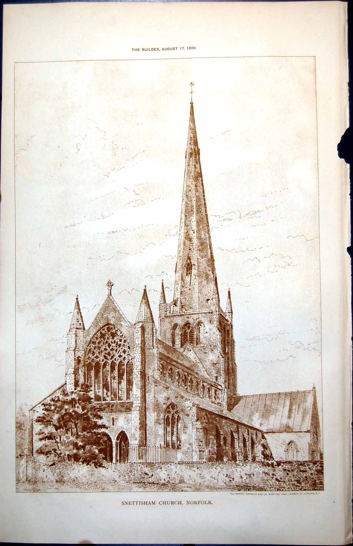Original Old Antique Print Plan Snettisham Church Norfolk Tall Spire 1889 19th
