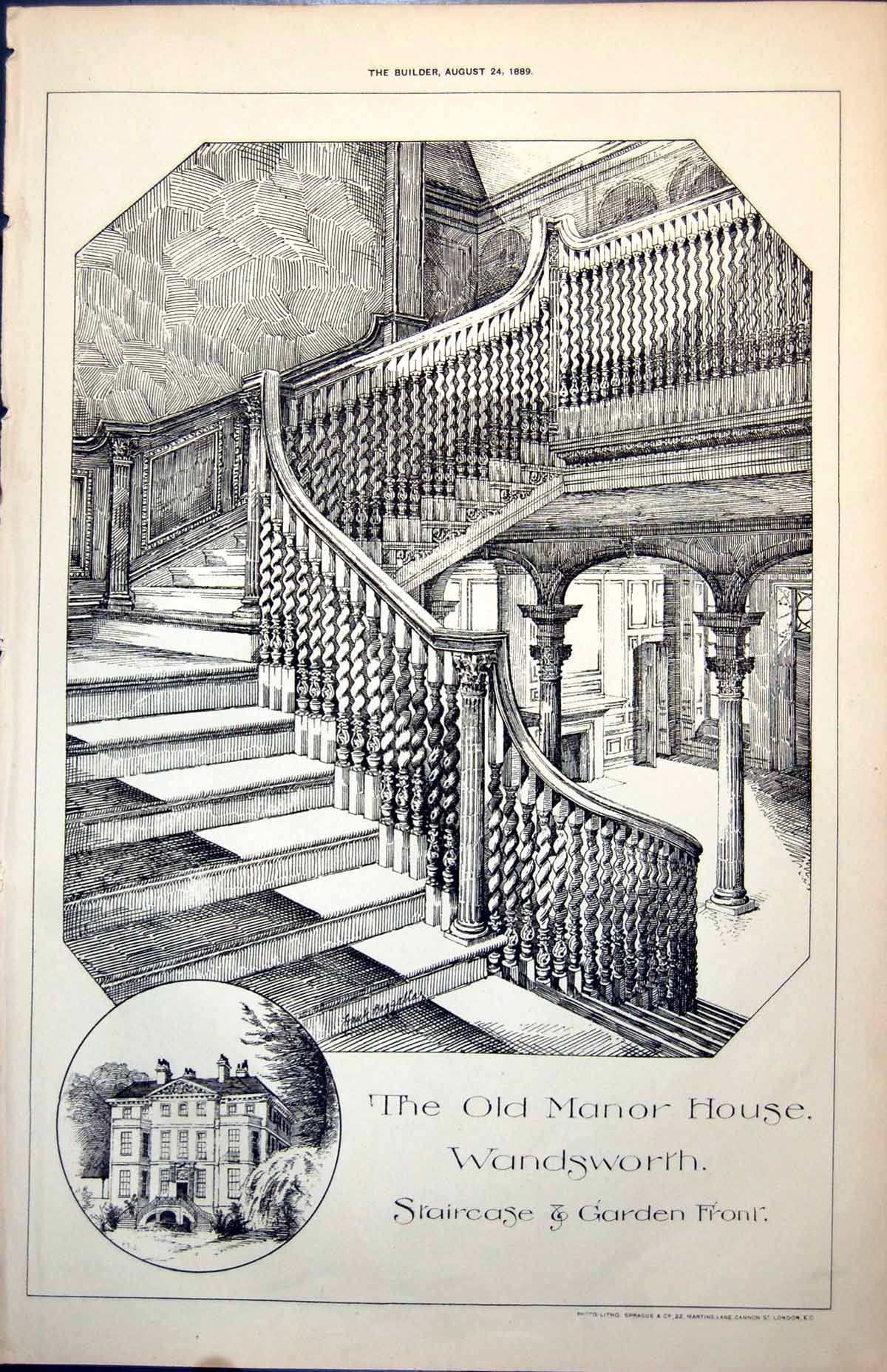Old Antique Print Plan Manor House Wandsworth Staircase Garden Front 1889 19th