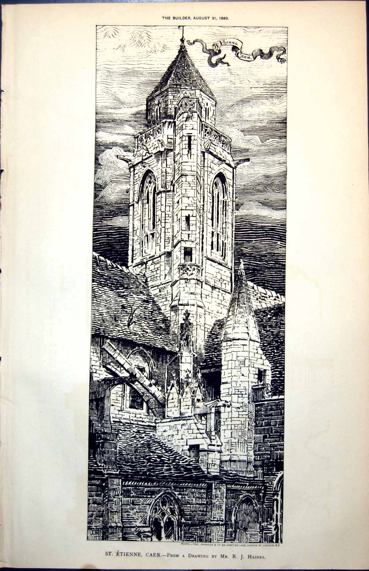 Original Old Antique Print Plan St Etienne Caen Tower Drawing R J Haines 1889