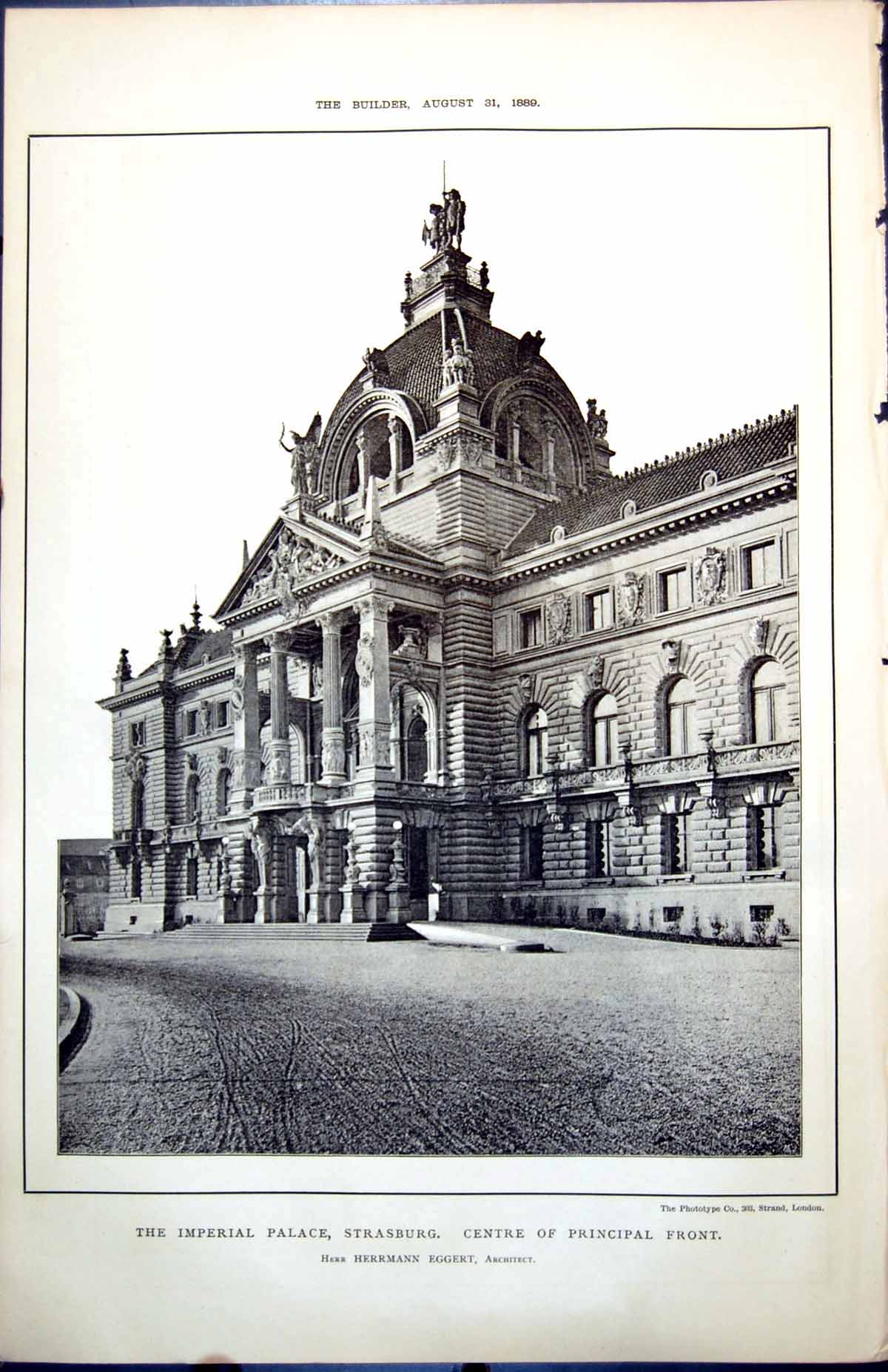 Old Plan Imperial Palace Strasburg Centre Principal Front H Eggert 1889 19th