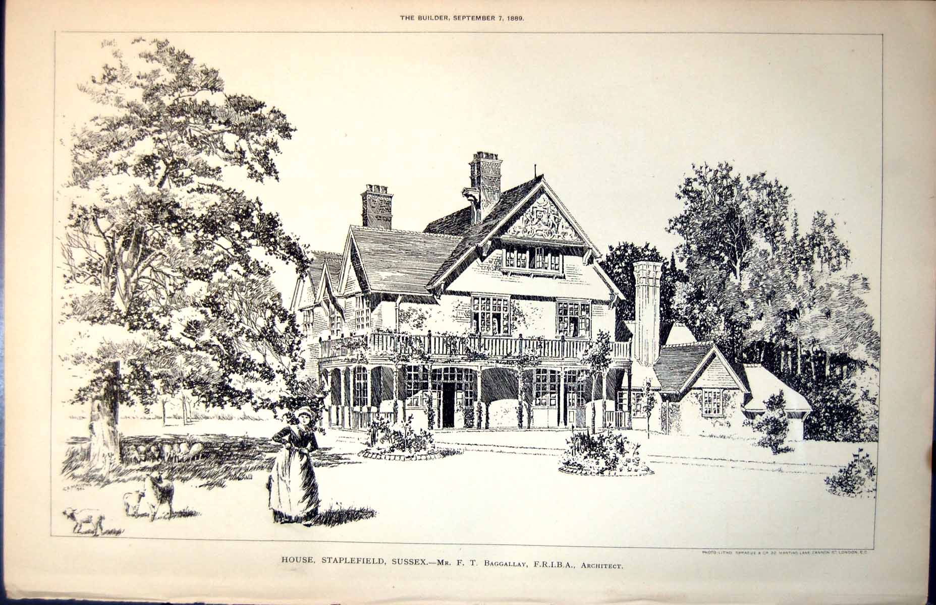 Antique Old Print Plan House Staplefield Sussex F T Baggallay Architect 1889