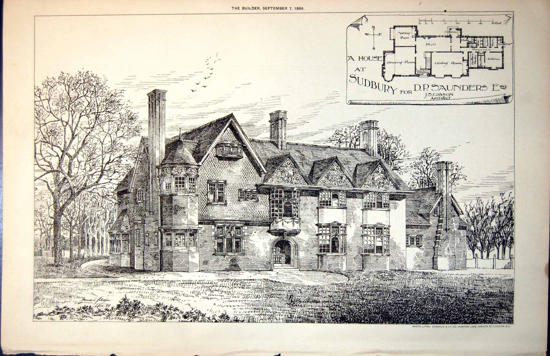 Old Antique Print Plan House Sudbury D Saunders J Gibson Architect 1889 19th