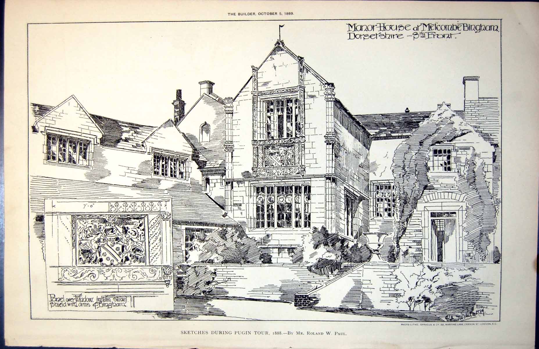 Old Print Plan Manor House Melcombe Bingham Panel Window Roland Paul 1889 19th