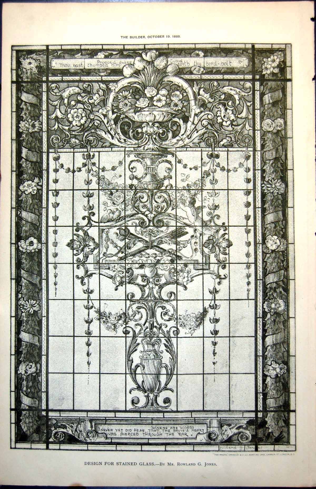 Old Antique Print Design Stained Glass Flowers Vases Rowland Jones 1889 19th