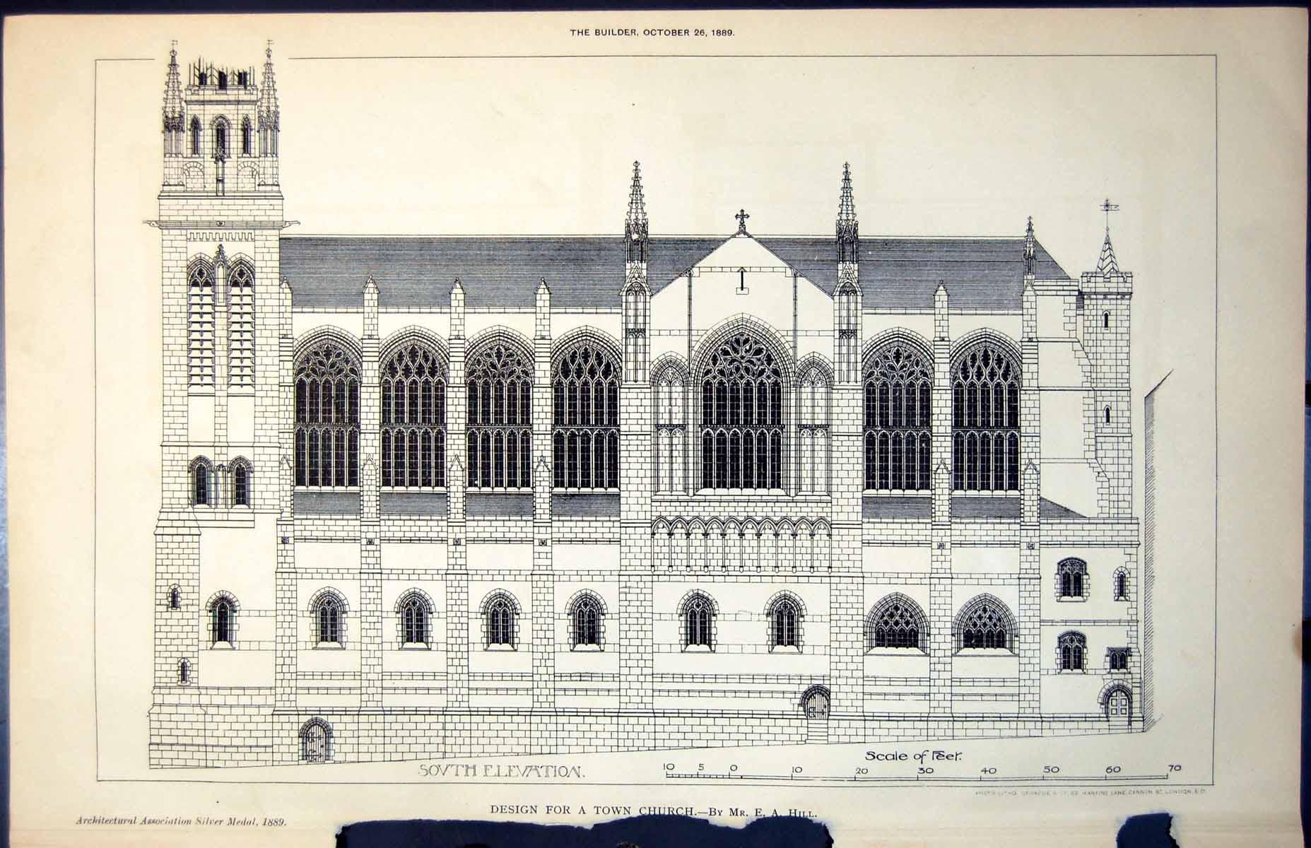 Old Antique Print Plan Design Town Church South Elevation E A Hill 1889 19th