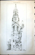 Original Old Antique Print Plan South West Tower Cathedral Senlis Clock 1889