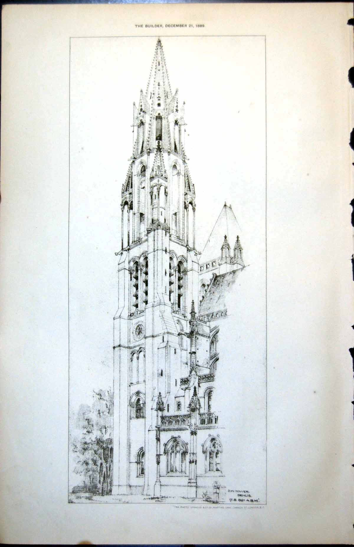 Original Old Antique Print Plan South West Tower Cathedral Senlis Clock 1889