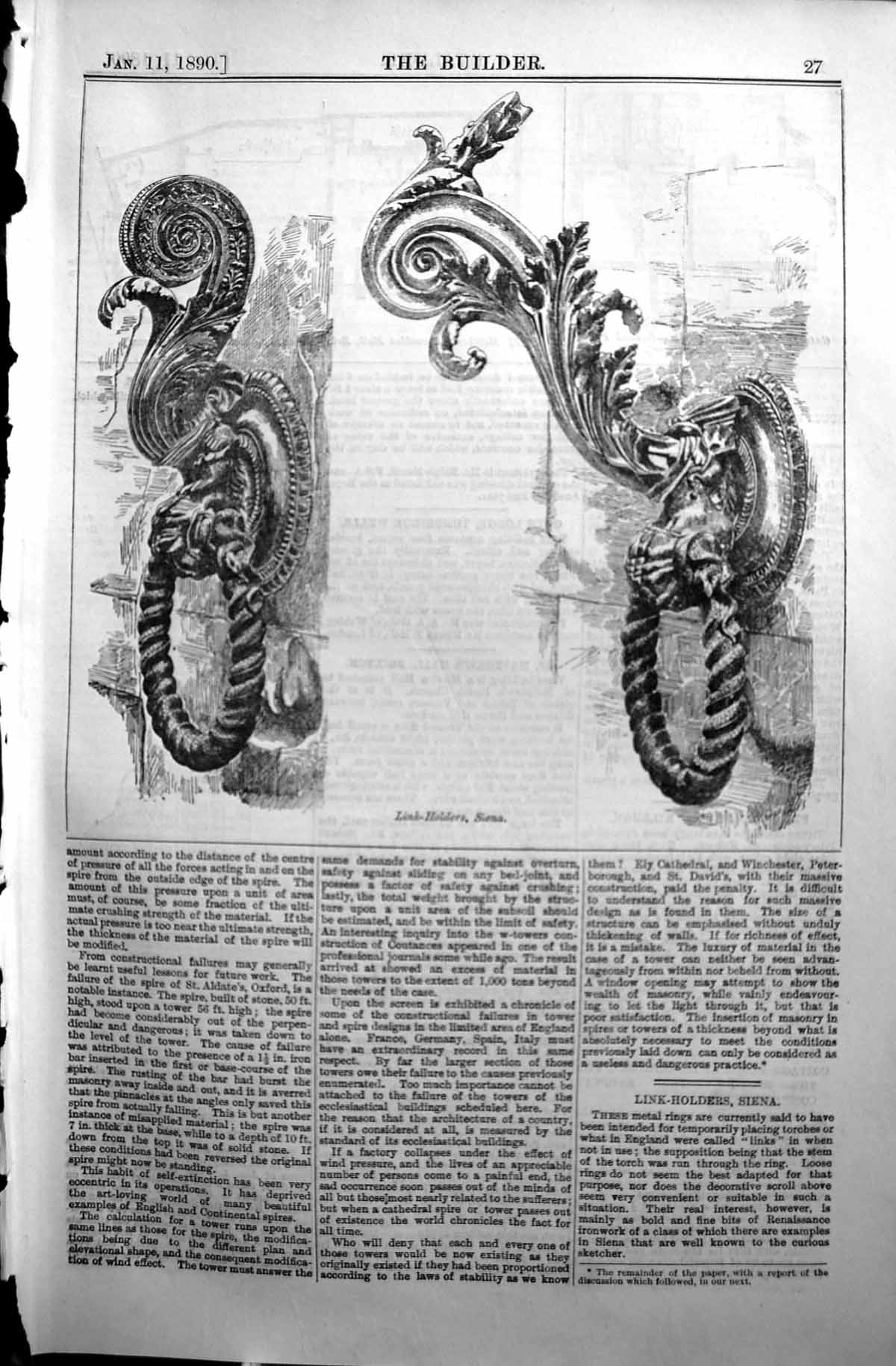 Original Old Antique Print 1890 Builder Link Hers Siena Metal Rings Victorian