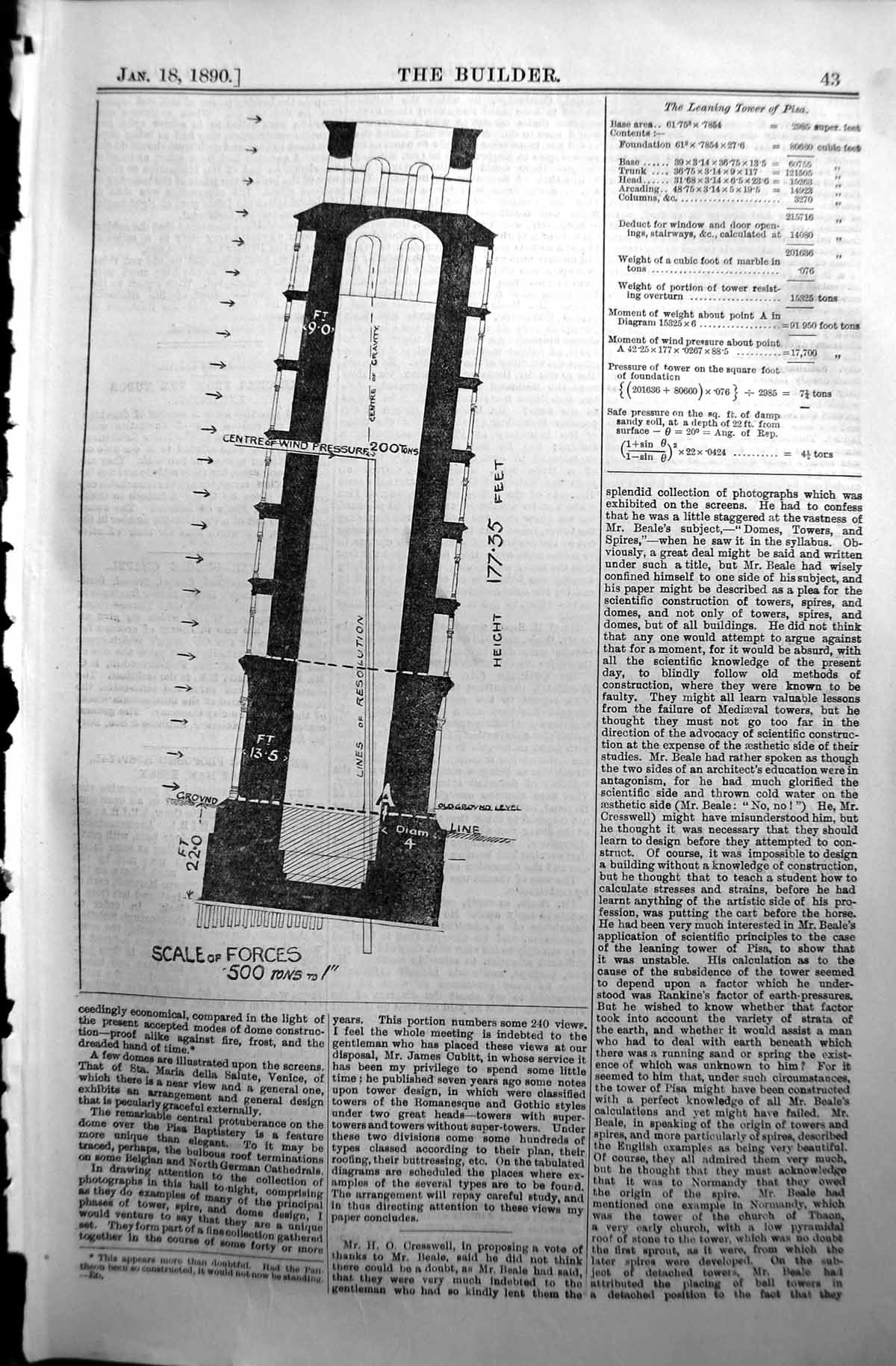 Old Antique Print 1890 Builder Diagram Scale Forces Centre Wind Pressure 19th