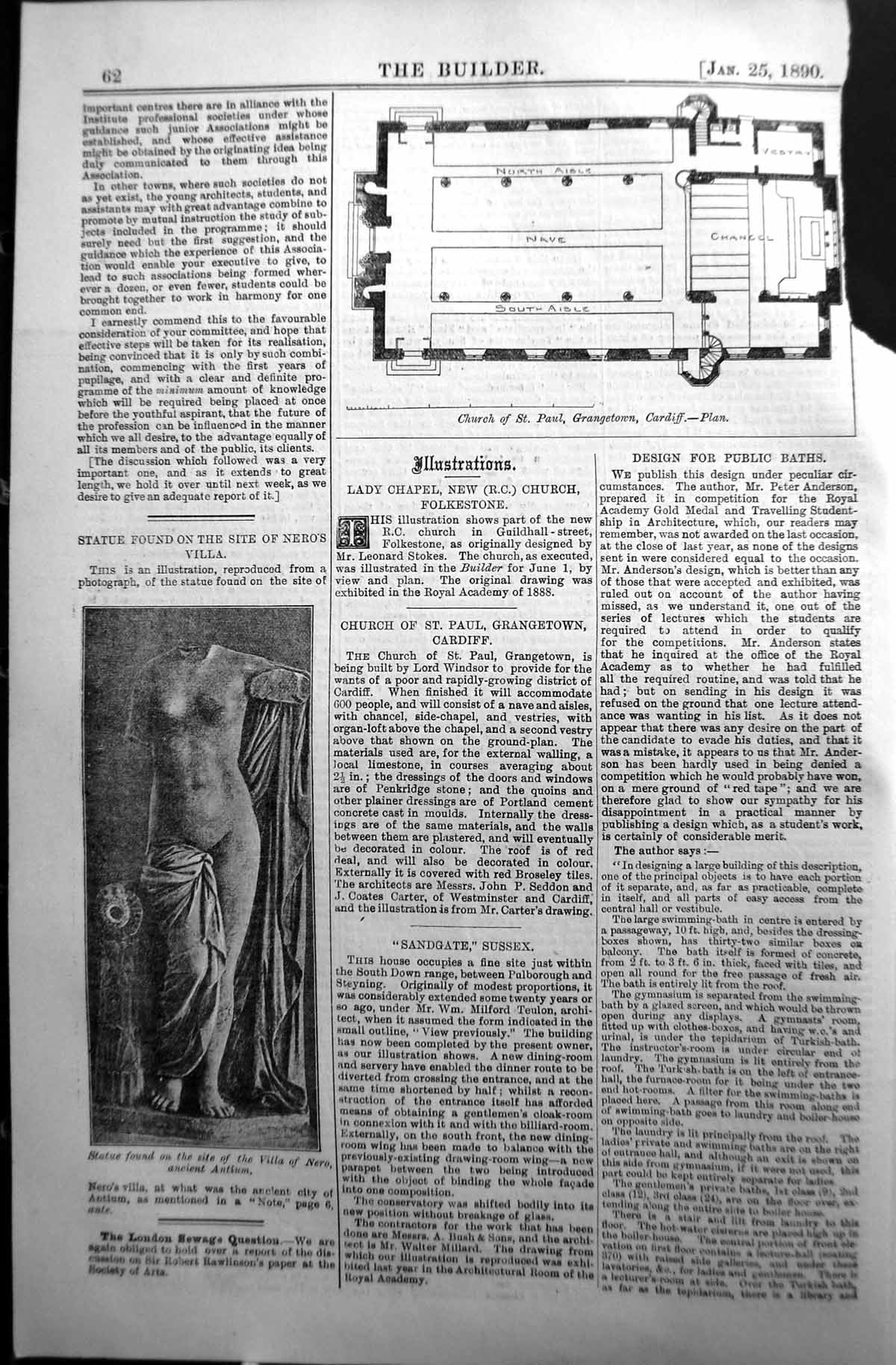 Old 1890 Builder Plan Church St. Paul Grangetown Cardiff Statue Villa Victorian