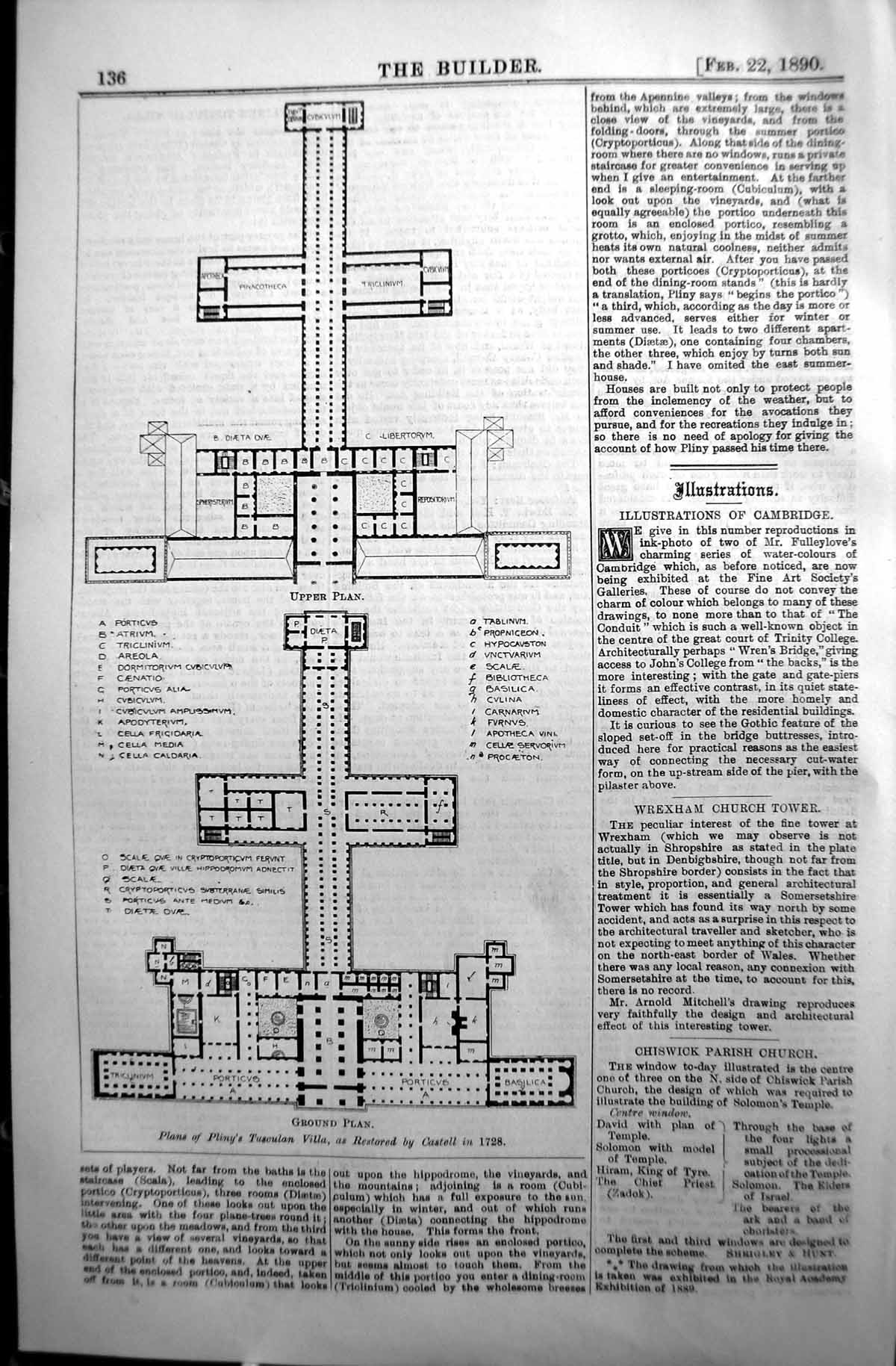 Old Print 1890 Builder Ground Plan Pliny Tusculan Villa Restored Castell 19th