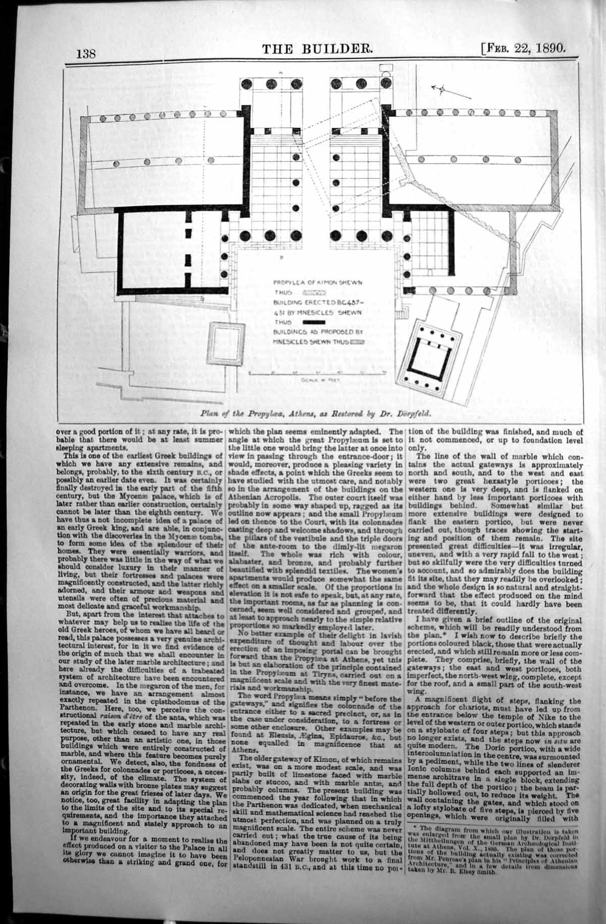 Old 1890 Builder Plan Propyloea Athens Restored Dorpfeld Kimon Shewn Victorian