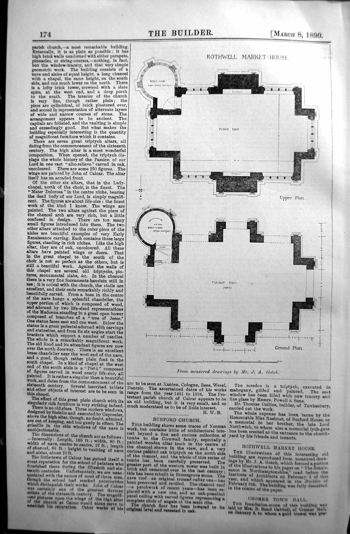 Original Old Antique Print Plan Rothwell Market House Gotch 1890 Builder 19th
