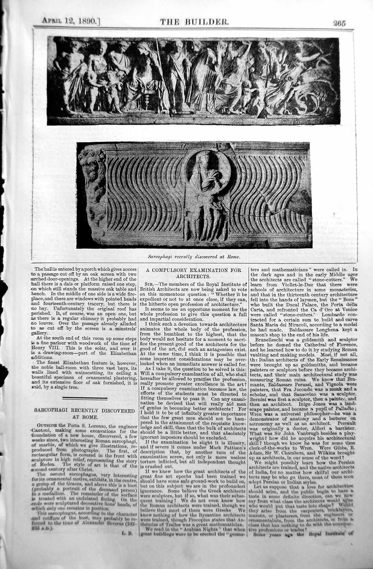 Old Print Sarcophagi Recently Discovered Rome Italy Cantoni 1890 Builder 19th