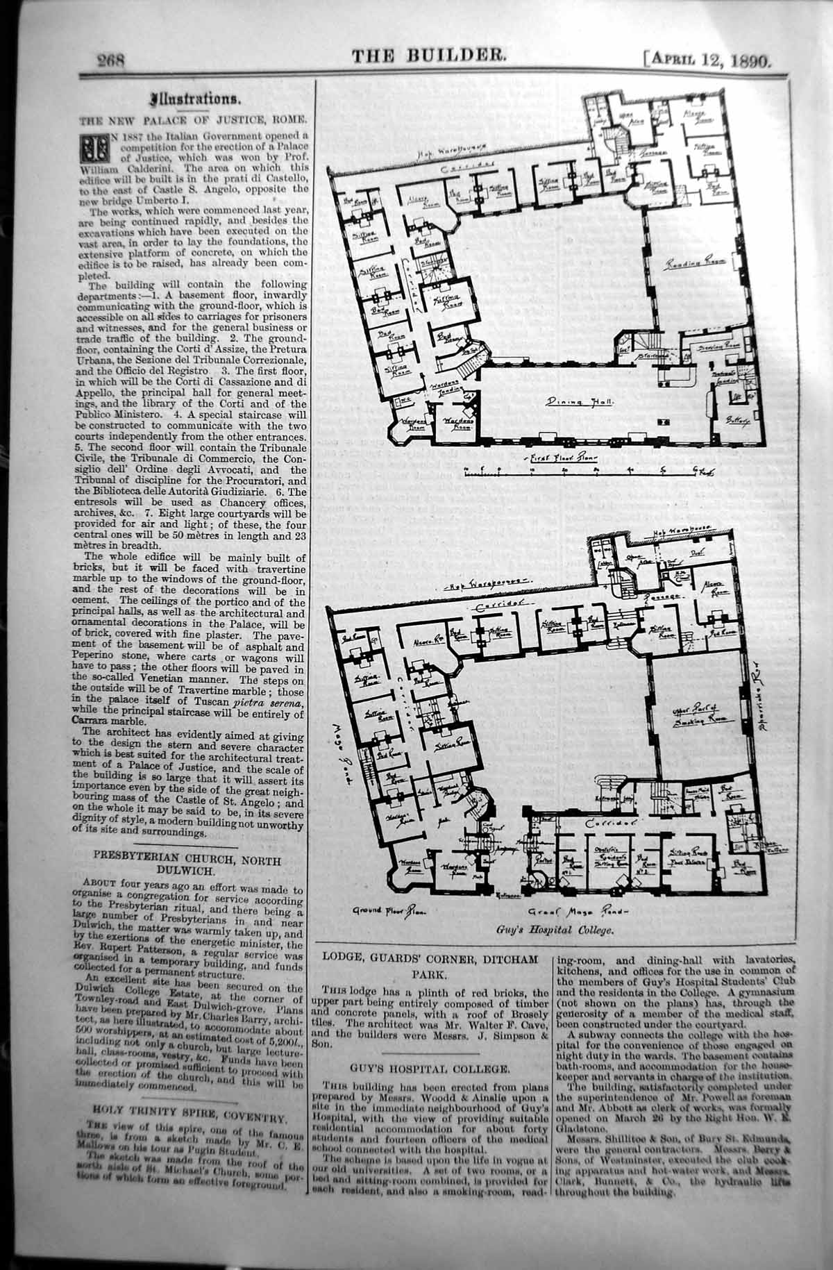 Old Antique Print Plan Guy'S Hospital College Wood Ainslie 1890 Builder 19th