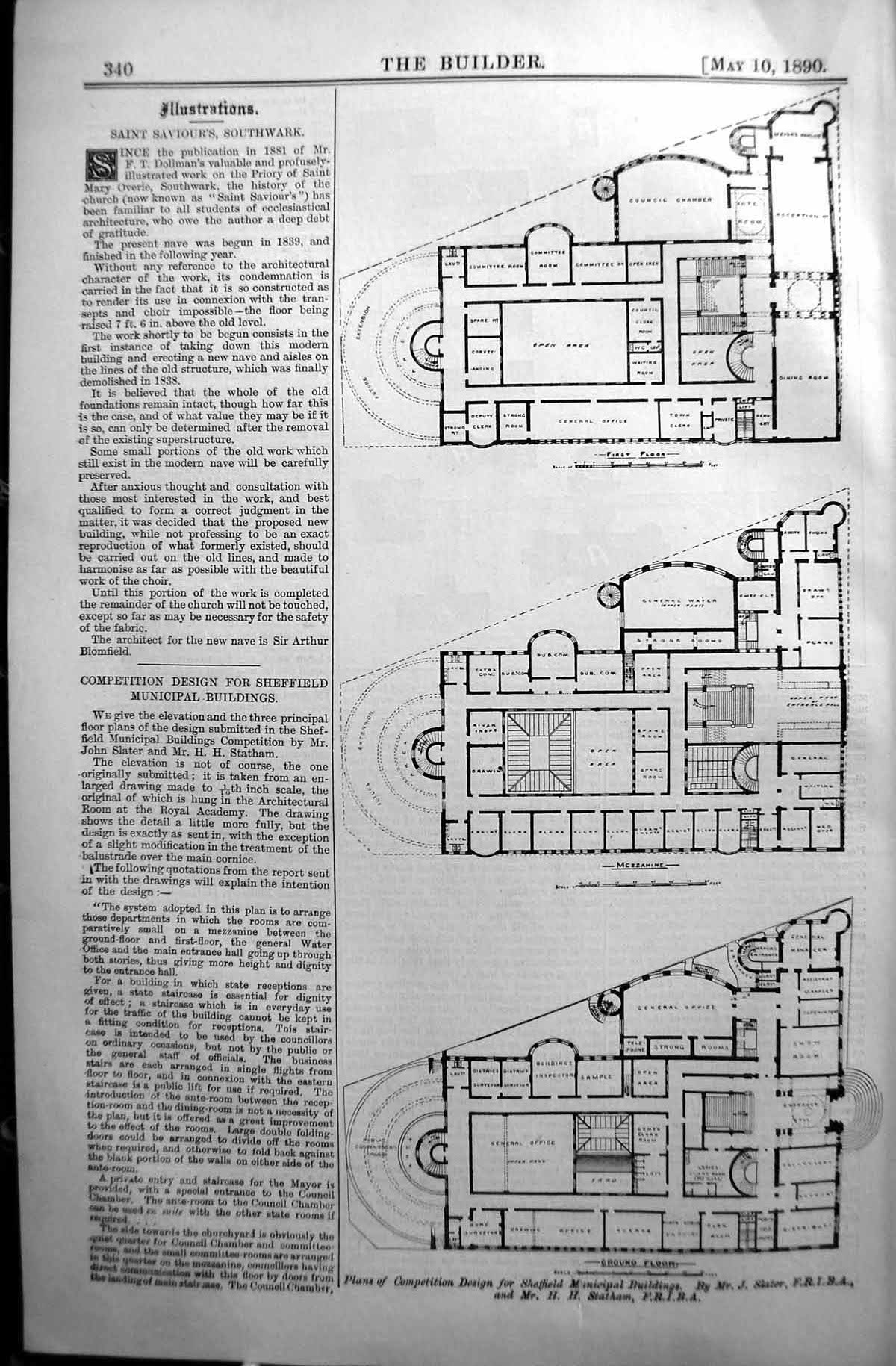 Old Plan Competition Design Sheffield Municipal Buildings Slater 1890 Victorian