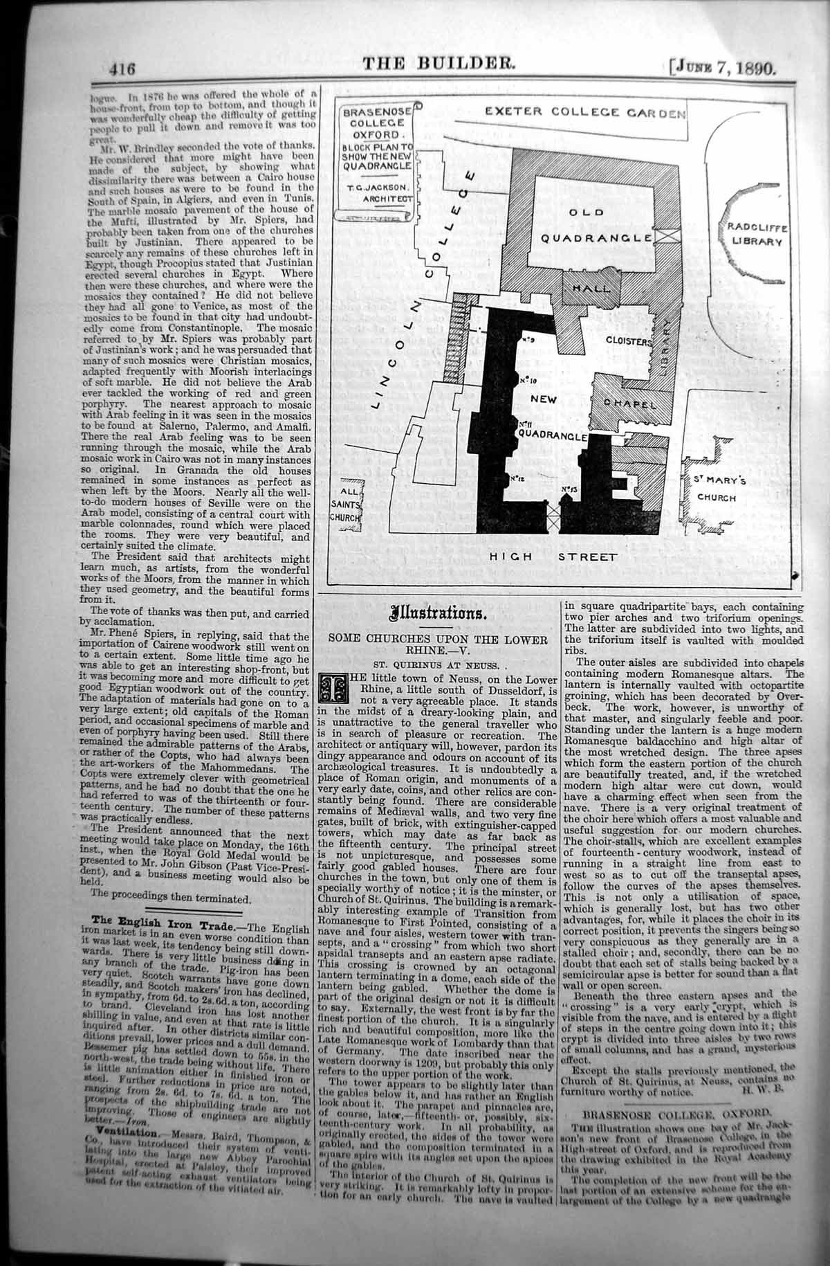 Old 1890 Builder Plan Brasenose College Oxford Quadrangle Radcliffe C Victorian
