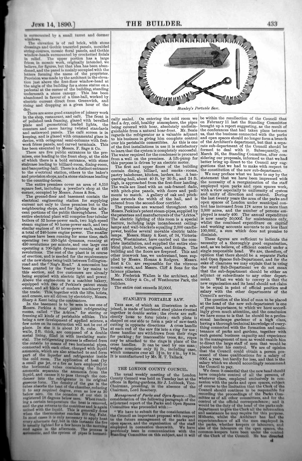 Original Old Antique Print 1890 Builder Stanley'S Portable Saw Tallack 19th