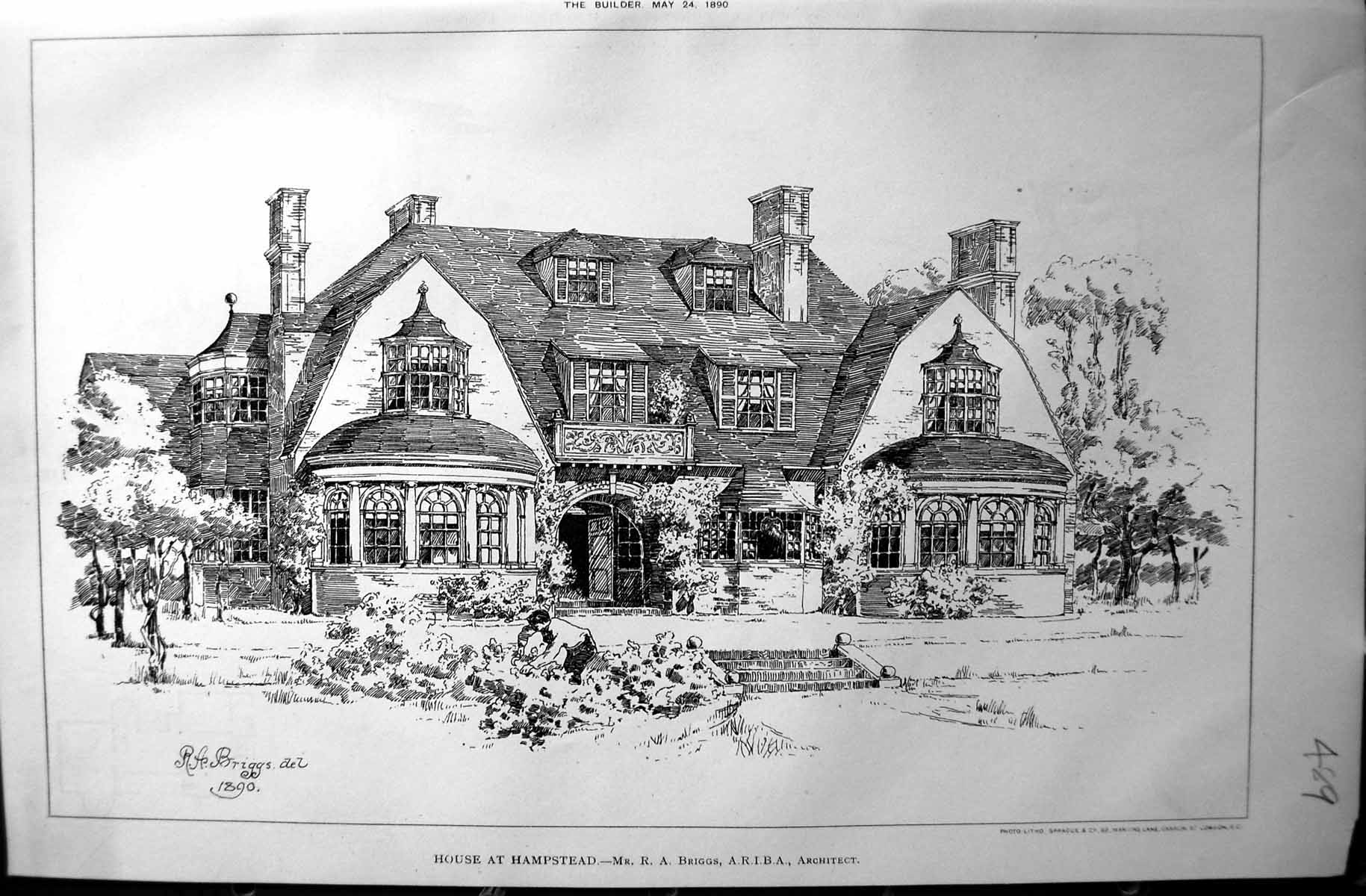 Antique Old Print 1890 Builder Exterior House Hampstead Briggs Architecture