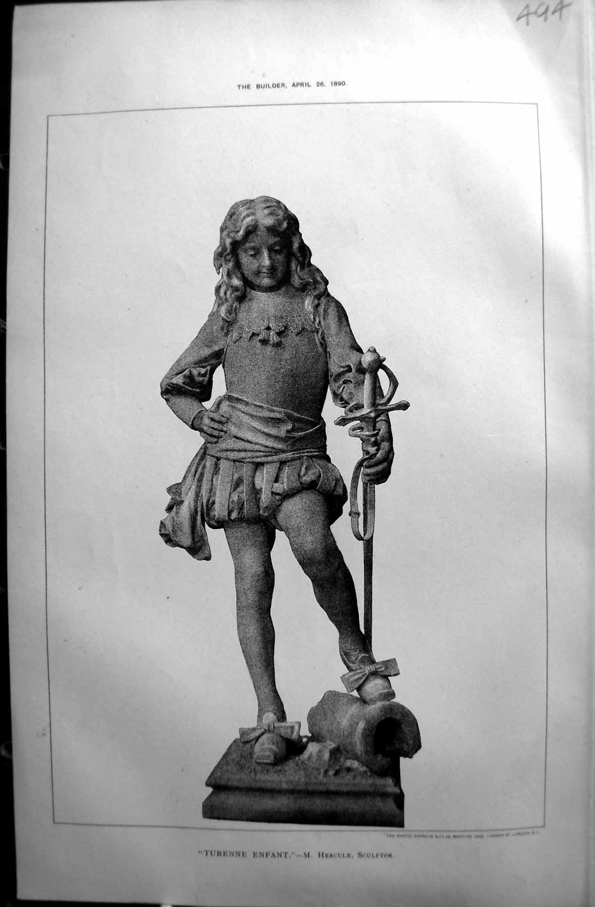 Old Antique Print Sculpture Turenne Enfant Hercule Sculptor 1890 Builder 19th