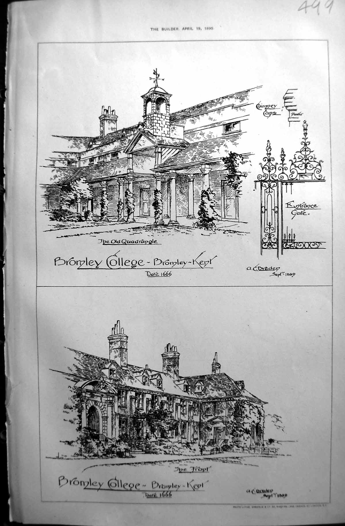 Old 1890 Builder Bromley College Kent Quadrangle Entrance Gate Breden Victorian